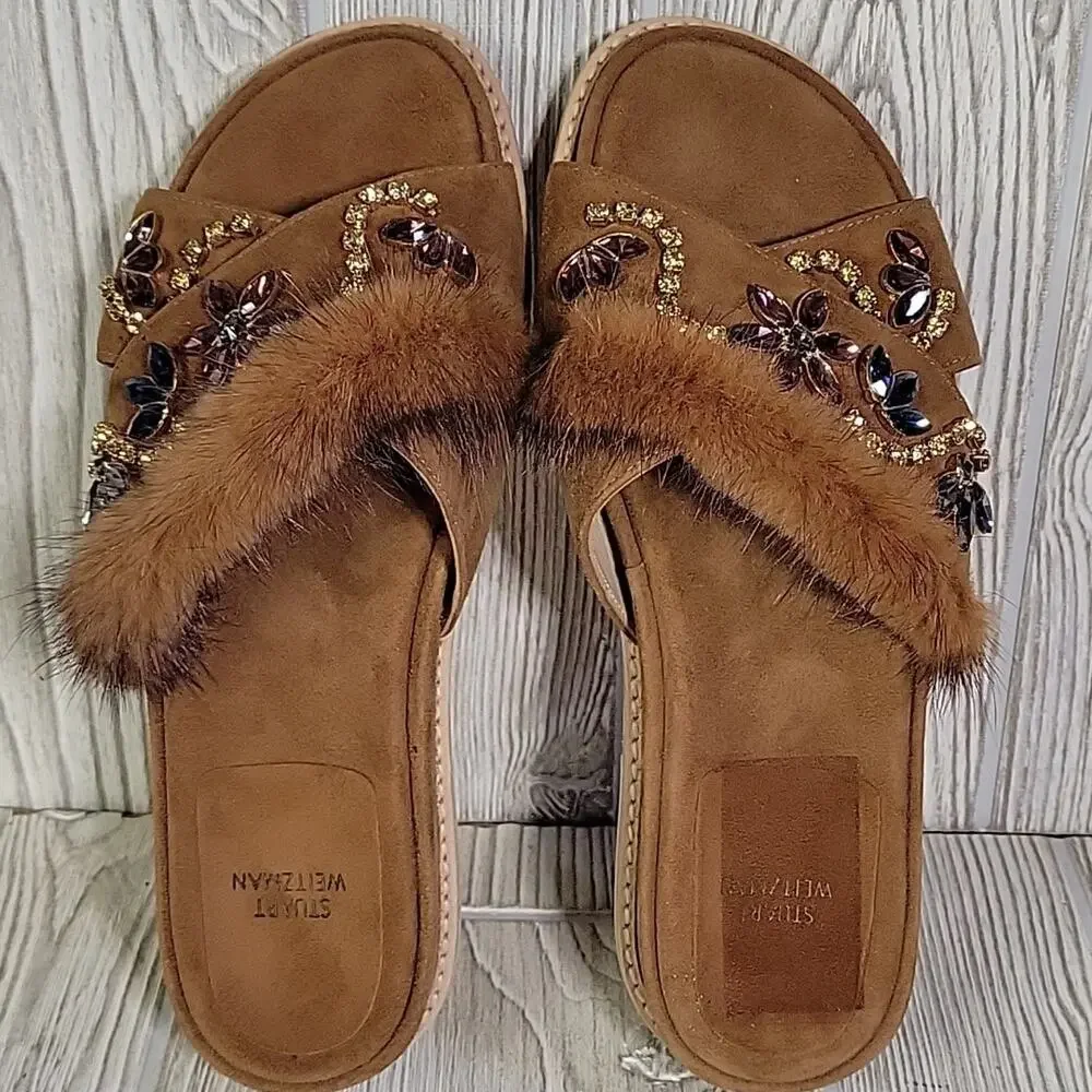 Stuart Weitzman Brown Nomedeplume Suede Mink Fur Jewel Sandal Womens 5.5 NEW